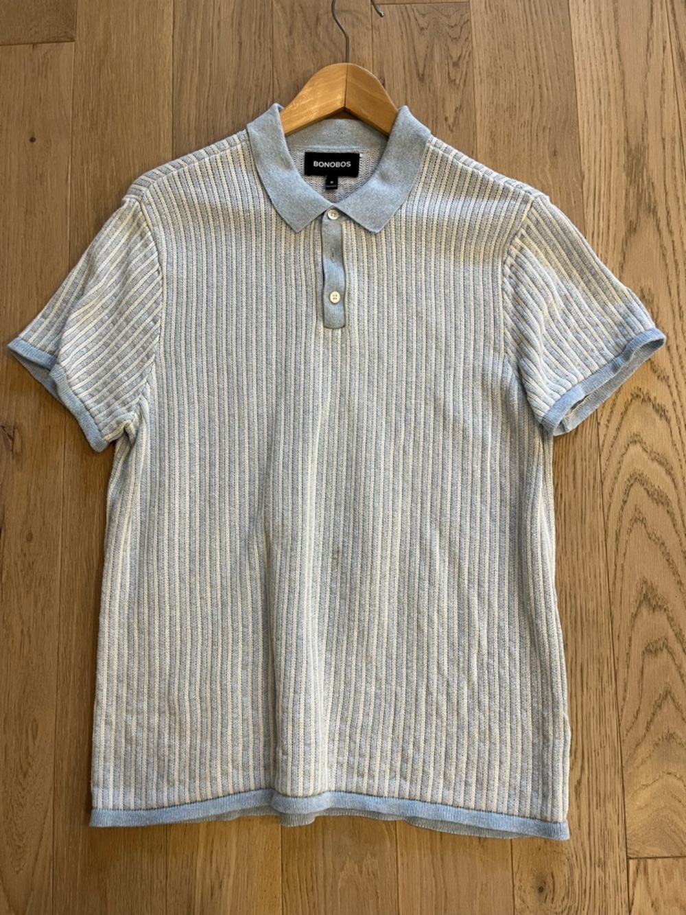 Bonobos Ribbed Knit Sweater Polo | Light Blue / Cream | Medium | 100% Cotton